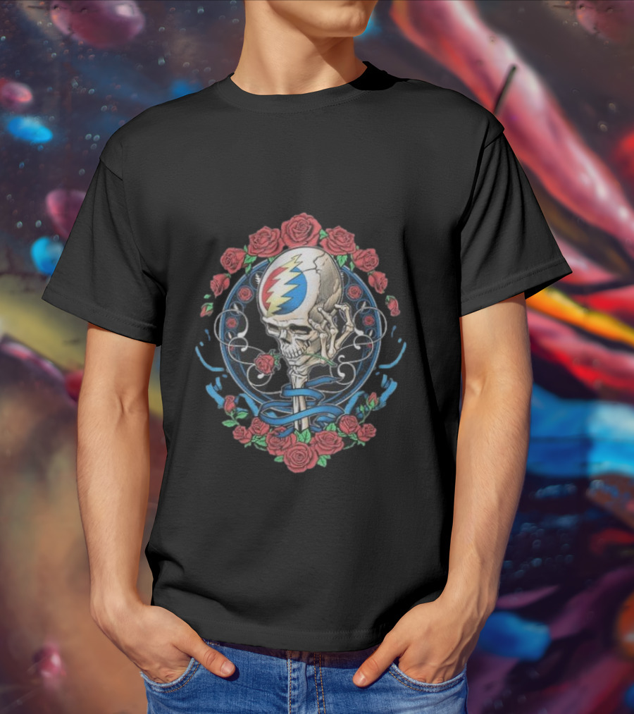 Original Grateful Dead Steal Your Face Nouveau Skull With Roses And Lightning Bolt Emblem T-Shirt