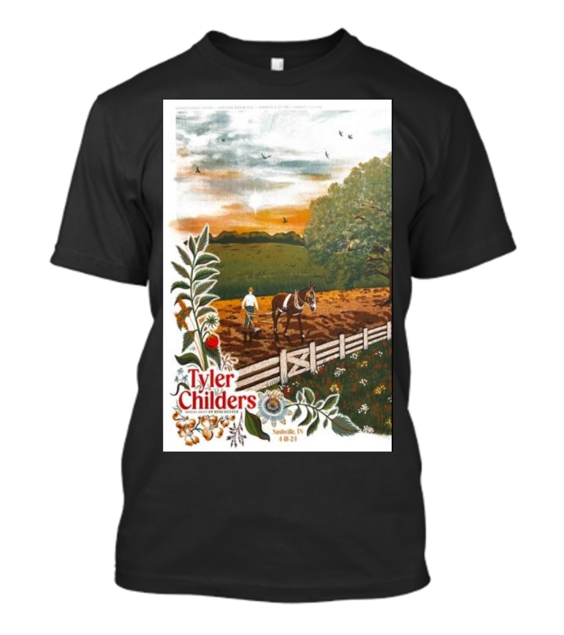 Tyler Childers Nashville TN 4 18 23 Horse Farm Scene With Flowers T-Shirt