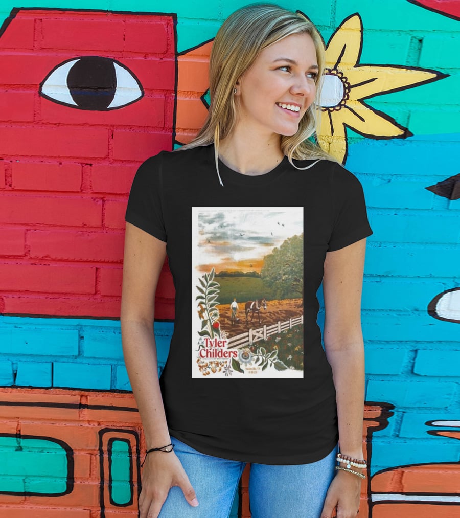 Tyler Childers Nashville TN 4 18 23 Horse Farm Scene With Flowers T-Shirt