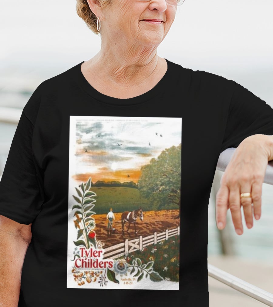 Tyler Childers Nashville TN 4 18 23 Horse Farm Scene With Flowers T-Shirt