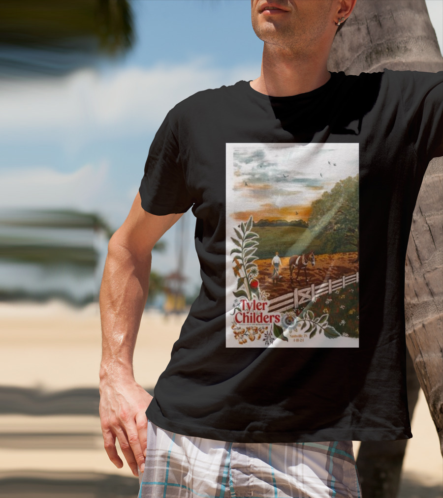 Tyler Childers Nashville TN 4 18 23 Horse Farm Scene With Flowers T-Shirt