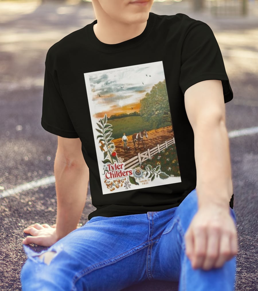 Tyler Childers Nashville TN 4 18 23 Horse Farm Scene With Flowers T-Shirt