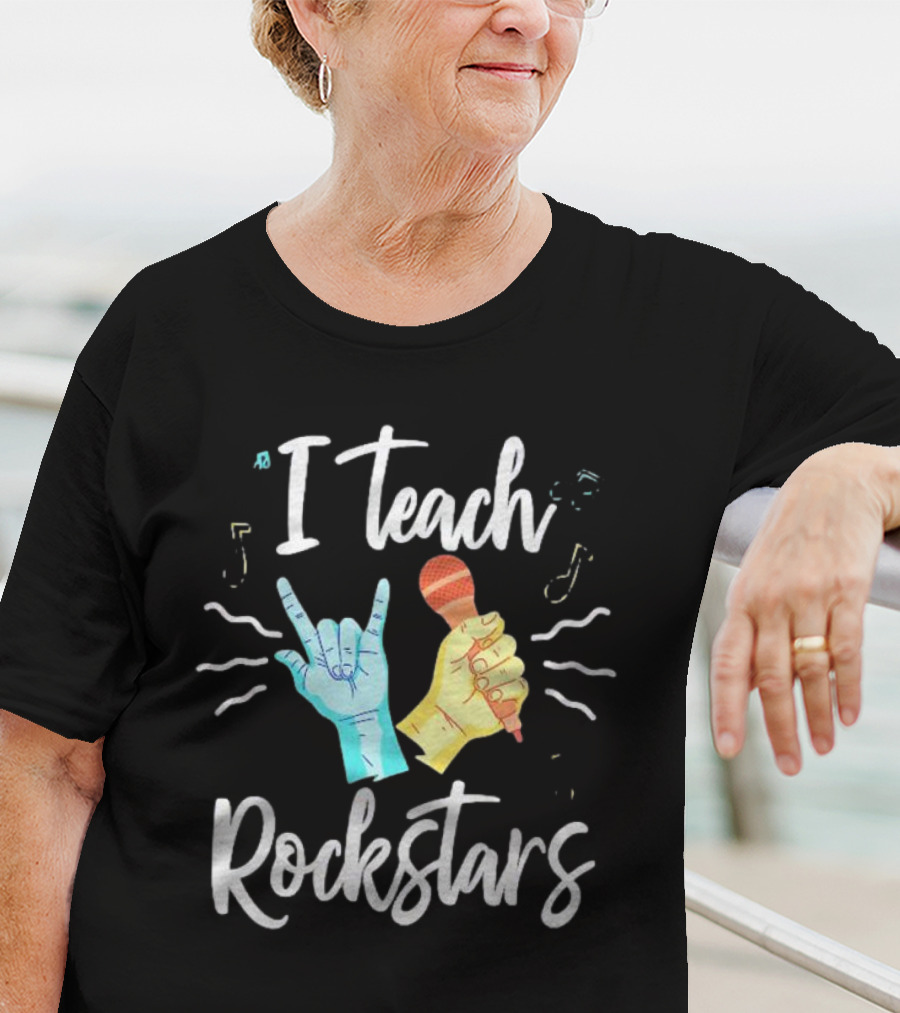 I Teach Rock Stars Music Teacher With Microphone And Rock Hand Gesture T-Shirt