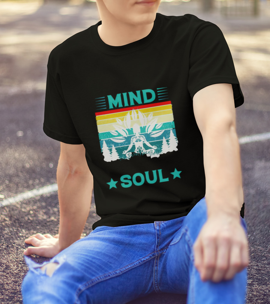 LOSE YOUR MIND FIND YOUR SOUL Yoga Meditation Retro Vintage Rainbow Pine Trees T-Shirt