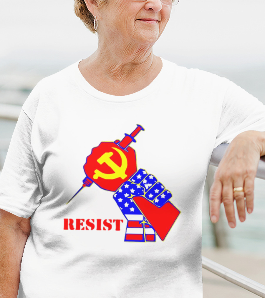 RESIST Communist Hammer And Sickle American Flag Fist Syringe T-Shirt