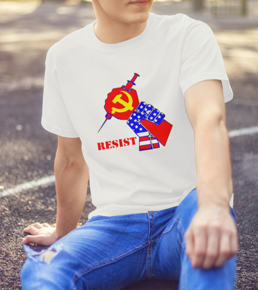 RESIST Communist Hammer And Sickle American Flag Fist Syringe T-Shirt