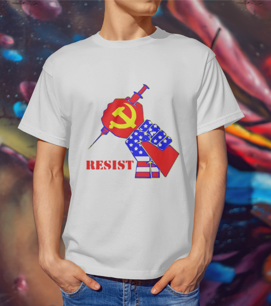 RESIST Communist Hammer And Sickle American Flag Fist Syringe T-Shirt