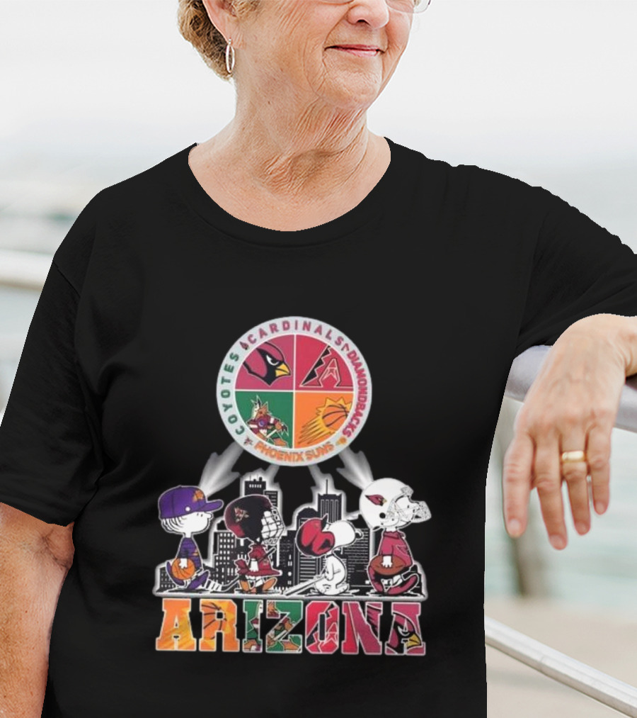 Snoopy Arizona Coyotes Cardinals Diamondbacks Phoenix Suns Peanuts Characters City Skyline T-Shirt