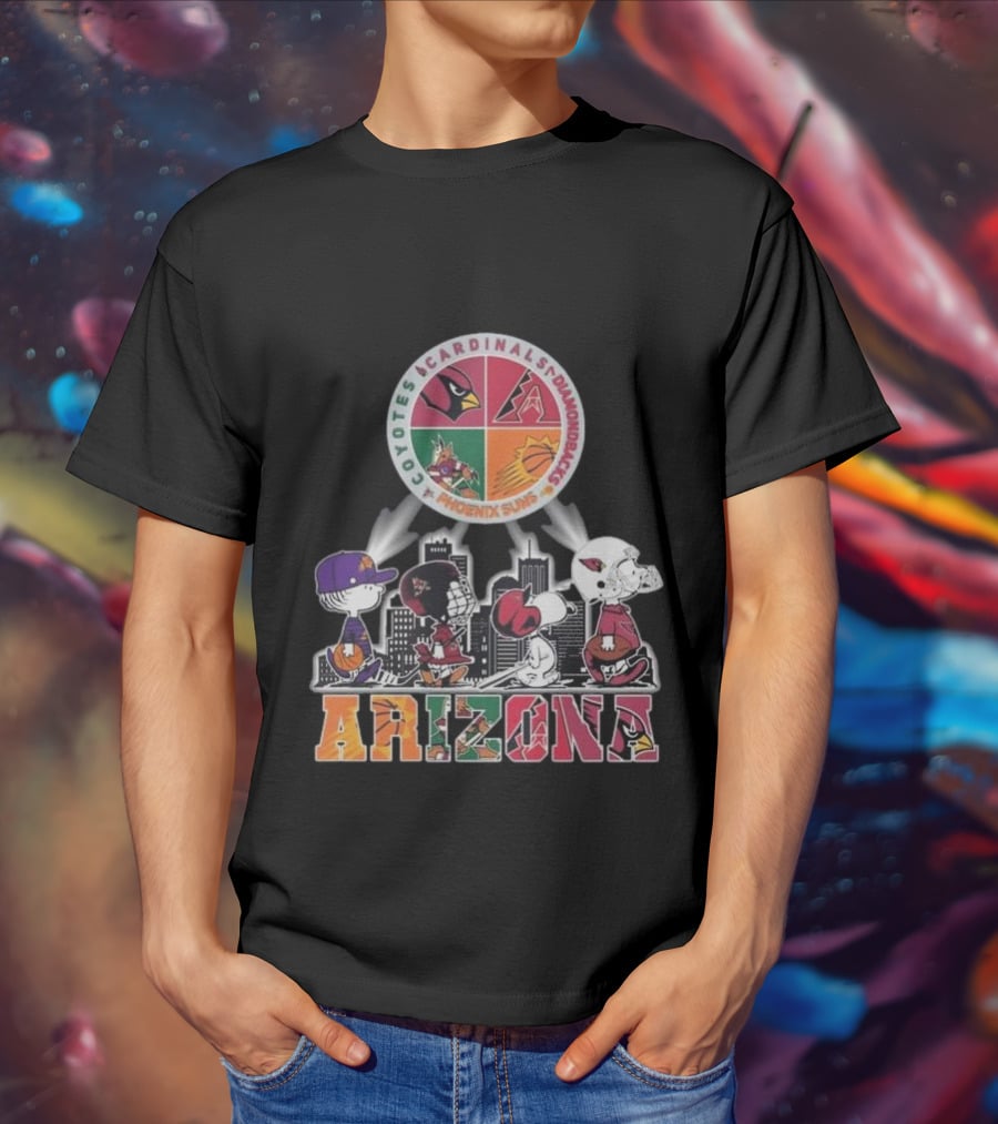 Snoopy Arizona Coyotes Cardinals Diamondbacks Phoenix Suns Peanuts Characters City Skyline T-Shirt