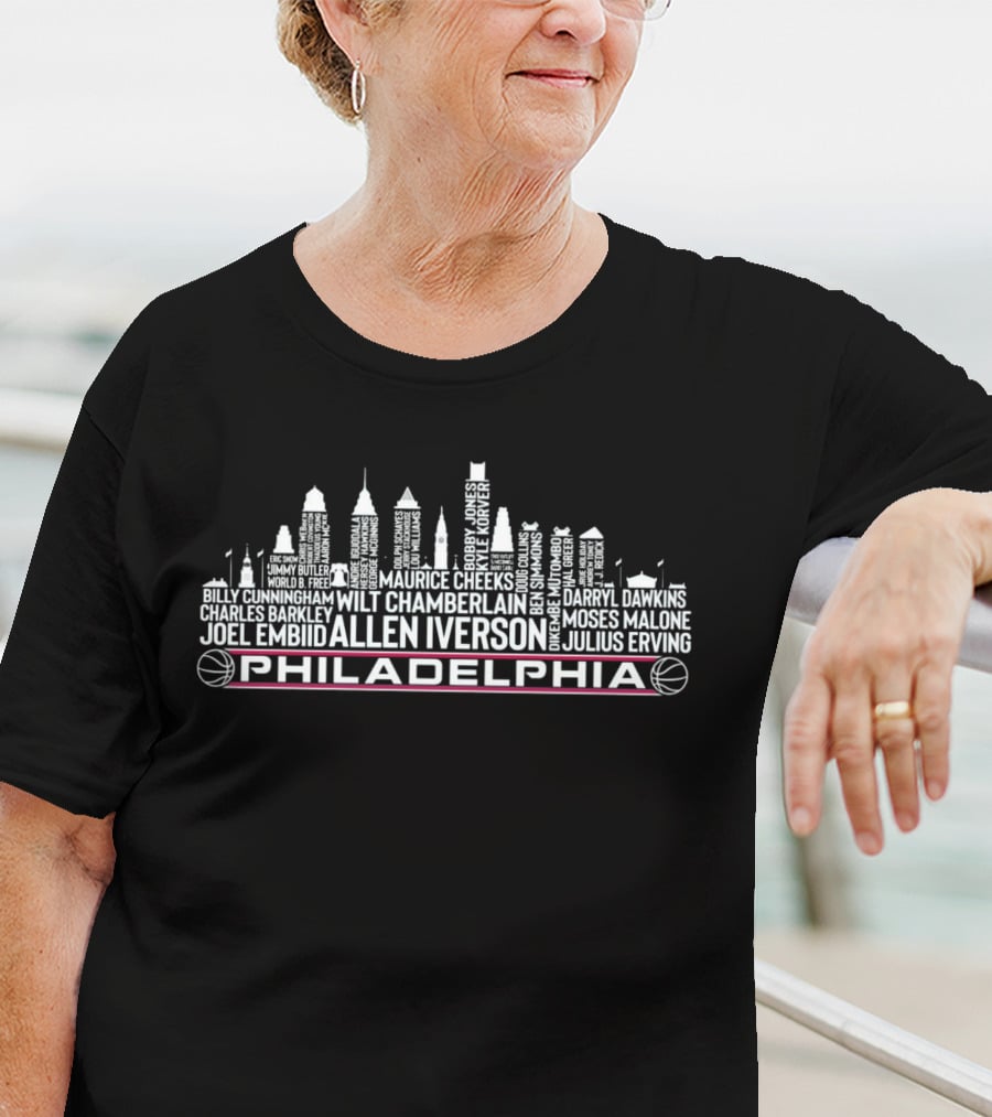 Philadelphia Basketball Legends Skyline Featuring Allen Iverson Joel Embiid Julius Erving T-Shirt