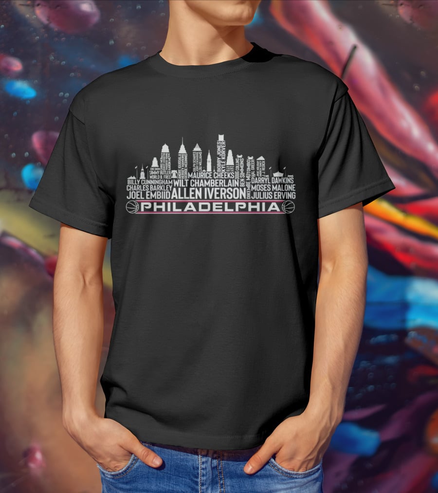 Philadelphia Basketball Legends Skyline Featuring Allen Iverson Joel Embiid Julius Erving T-Shirt