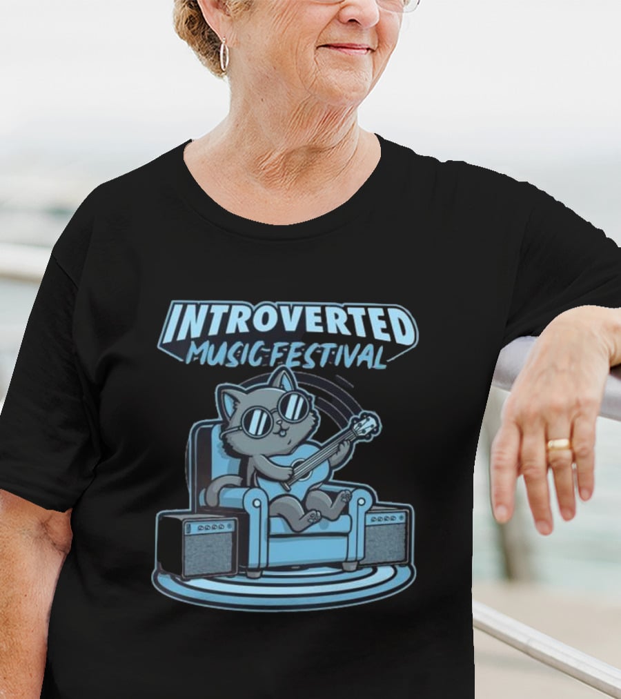 Introverted Music Festival Cat Playing Guitar On Couch With Amplifier T-Shirt