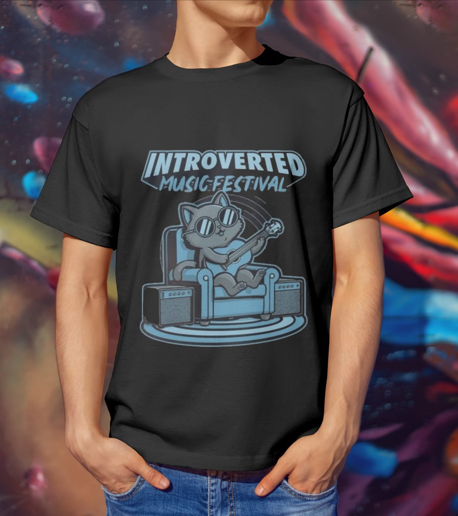 Introverted Music Festival Cat Playing Guitar On Couch With Amplifier T-Shirt