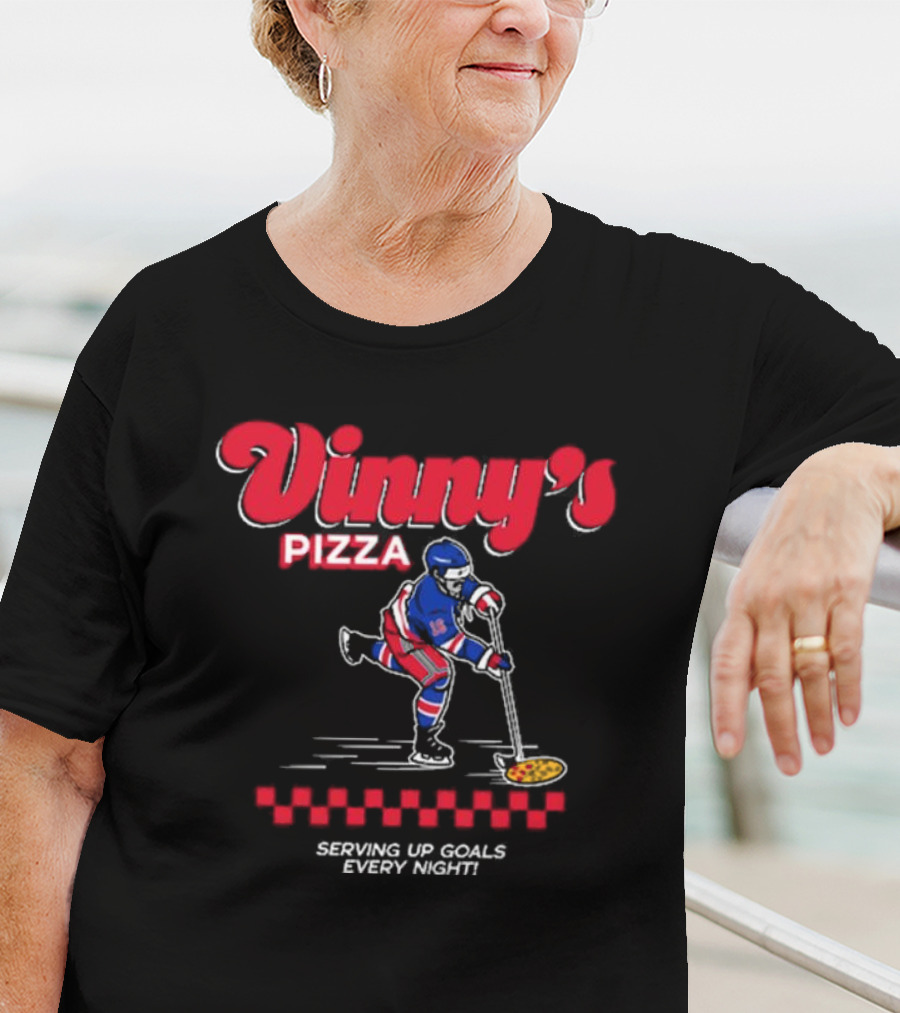 Vinny's Pizza Serving Up Goals Every Night Hockey Player With Pizza Stick T-Shirt