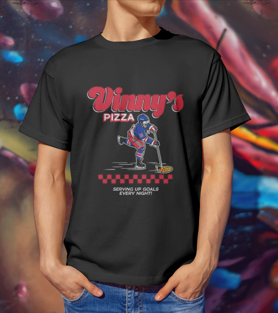 Vinny's Pizza Serving Up Goals Every Night Hockey Player With Pizza Stick T-Shirt