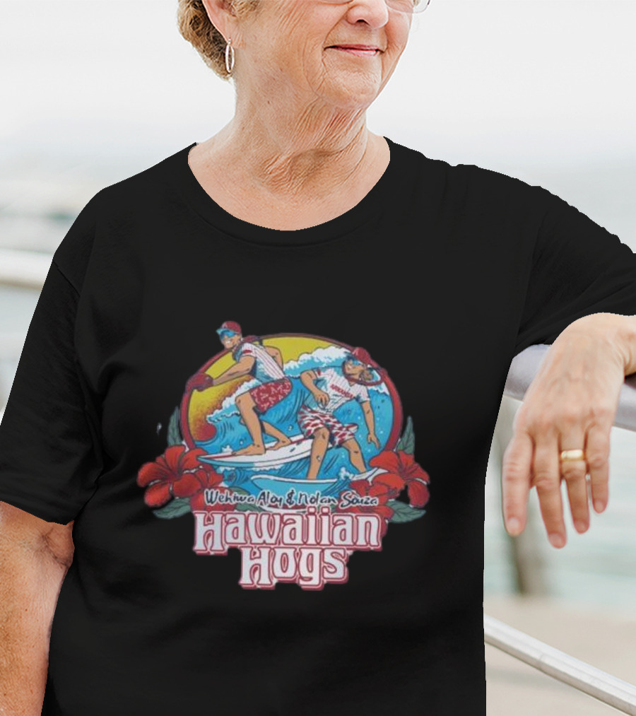 Wehiwa Aloy Nolan Souza Hawaiian Hogs Surfing With Hibiscus Flowers T-Shirt
