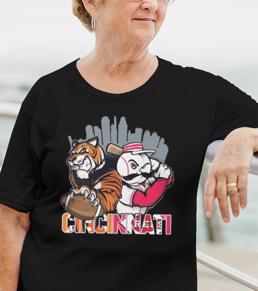 Cincinnati Bengals Tiger With Football And Mr. Redlegs Baseball Skyline T-Shirt