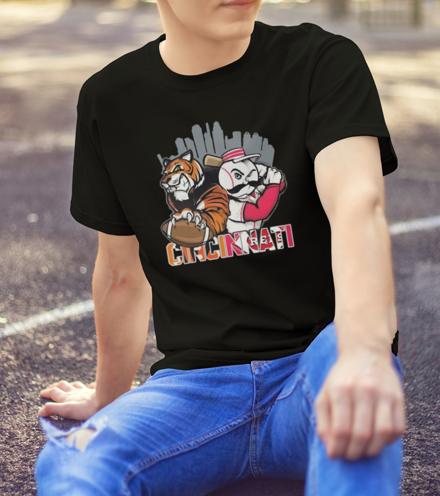 Cincinnati Bengals Tiger With Football And Mr. Redlegs Baseball Skyline T-Shirt