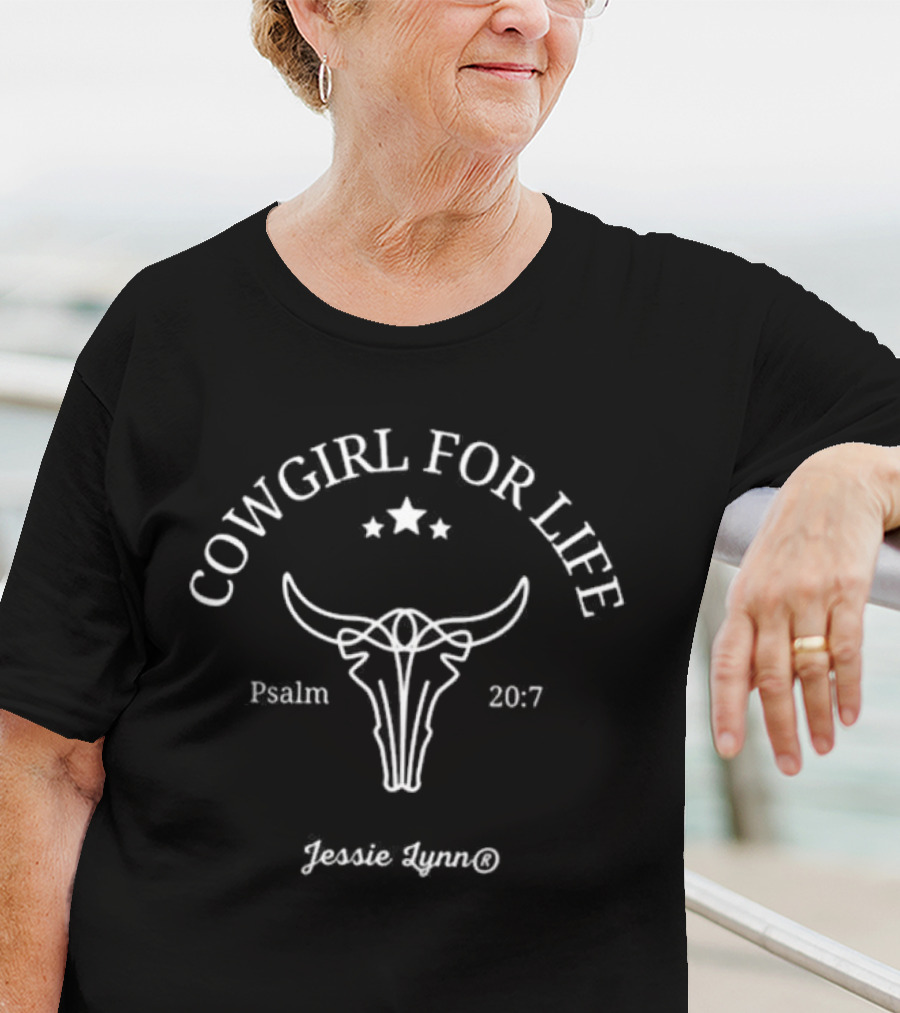 Cowgirl For Life Jessie Lynn Psalm 20:7 Bull Skull Stars T-Shirt