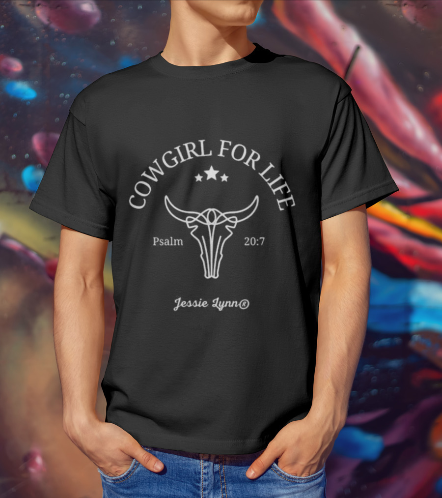 Cowgirl For Life Jessie Lynn Psalm 20:7 Bull Skull Stars T-Shirt