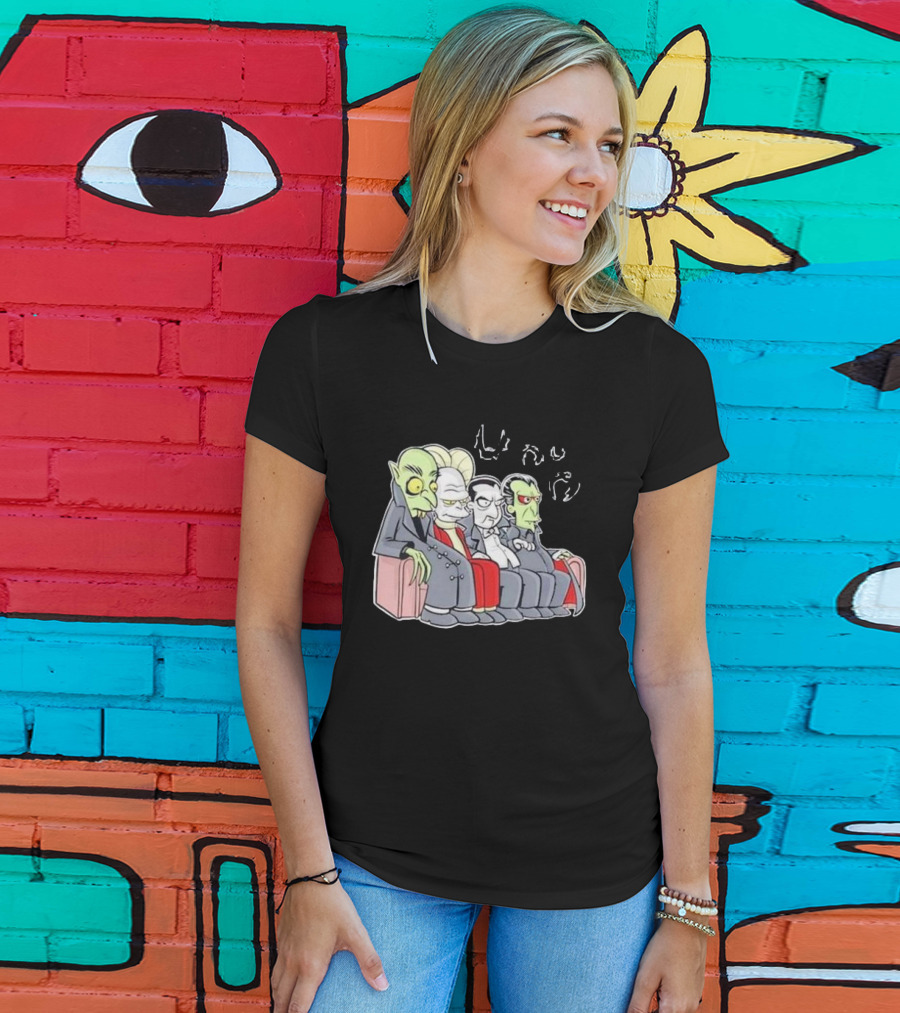 Various Versions Of Dracula Characters Sitting Together On A Couch T-Shirt