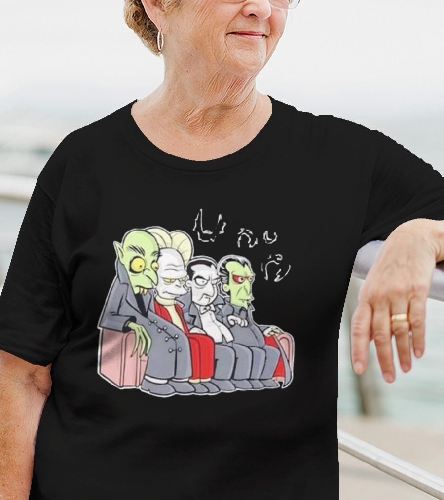 Various Versions Of Dracula Characters Sitting Together On A Couch T-Shirt