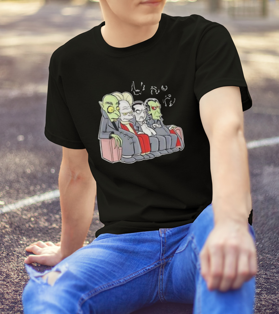 Various Versions Of Dracula Characters Sitting Together On A Couch T-Shirt