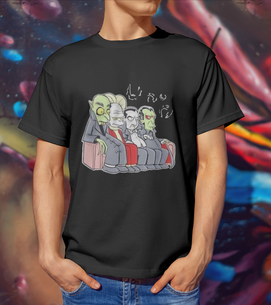 Various Versions Of Dracula Characters Sitting Together On A Couch T-Shirt