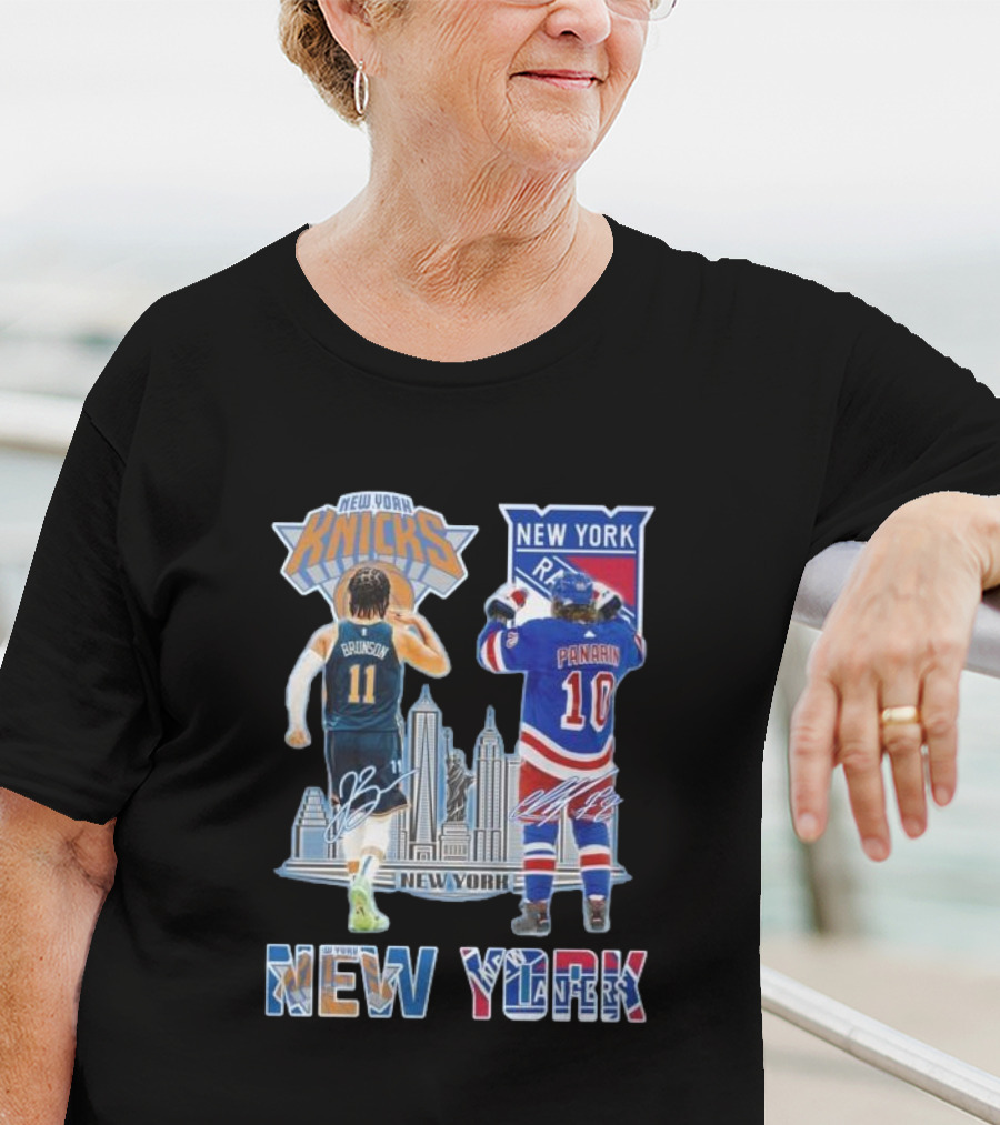 New York Knicks Brunson Rangers Panarin New York City Skyline Signatures T-Shirt