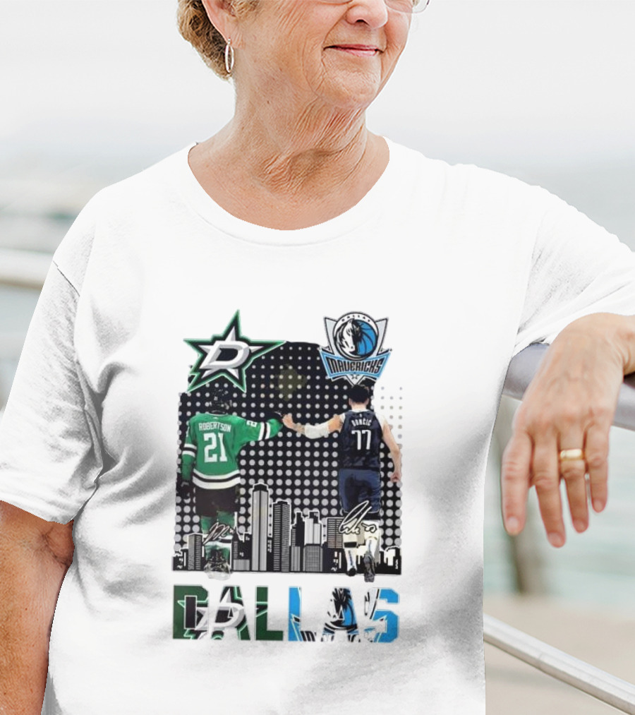 Dallas Stars Mavericks Robertson Doncic Skyline Signatures T-Shirt