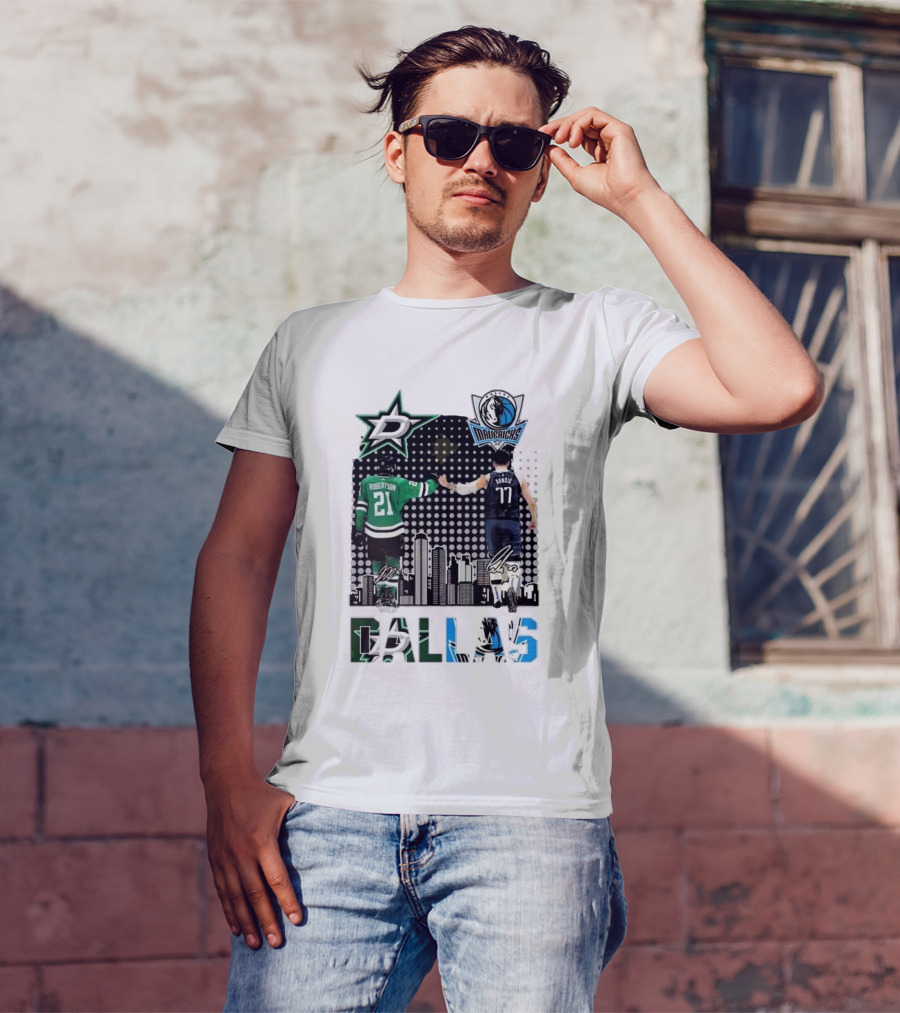 Dallas Stars Mavericks Robertson Doncic Skyline Signatures T-Shirt