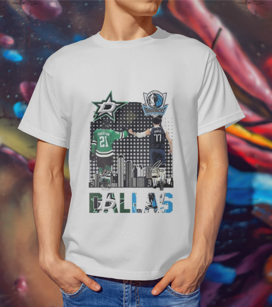 Dallas Stars Mavericks Robertson Doncic Skyline Signatures T-Shirt