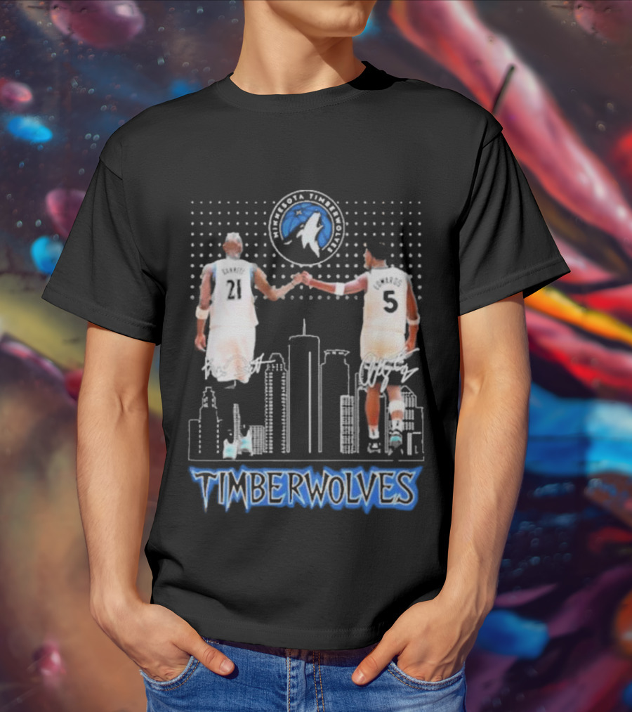 Minnesota Timberwolves Kevin Garnett Anthony Edwards Signatures City Skyline T-Shirt