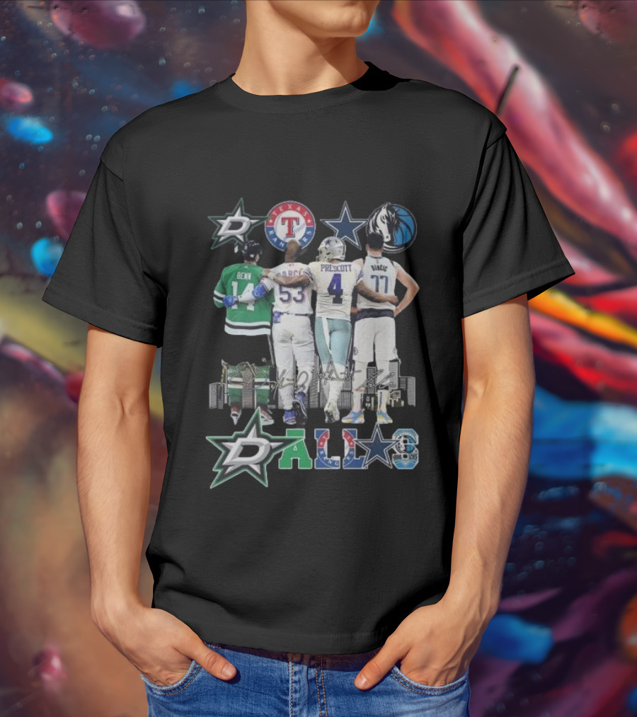 Dallas Stars Texas Rangers Cowboys Mavericks Benn Prescott Ware Doncic Signatures T-Shirt