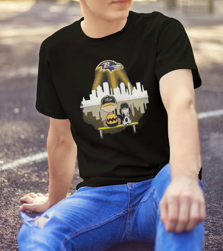 Charlie Brown Snoopy Baltimore Ravens City Skyline T-Shirt