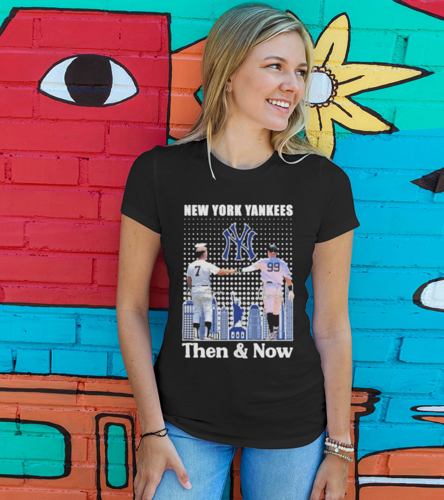 New York Yankees Then And Now Mickey Mantle 7 Aaron Judge 99 Signatures T-Shirt