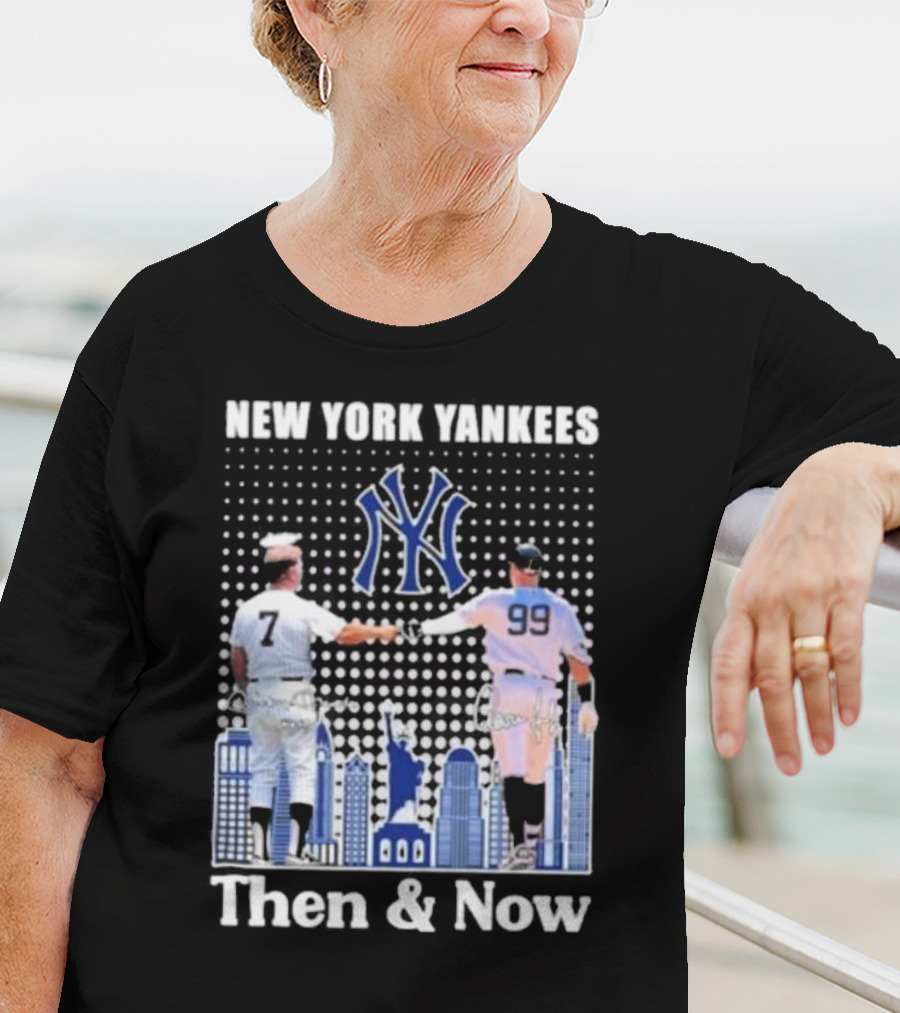 New York Yankees Then And Now Mickey Mantle 7 Aaron Judge 99 Signatures T-Shirt