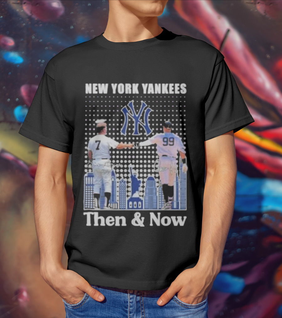 New York Yankees Then And Now Mickey Mantle 7 Aaron Judge 99 Signatures T-Shirt