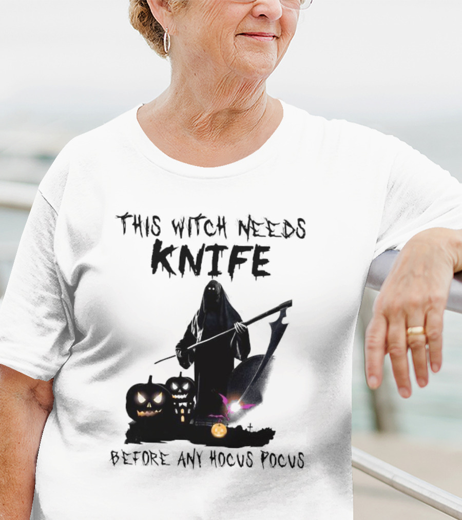 This Witch Needs Knife Before Any Hocus Pocus Halloween Pumpkins Dark Scene T-Shirt