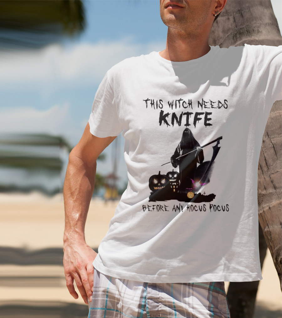 This Witch Needs Knife Before Any Hocus Pocus Halloween Pumpkins Dark Scene T-Shirt
