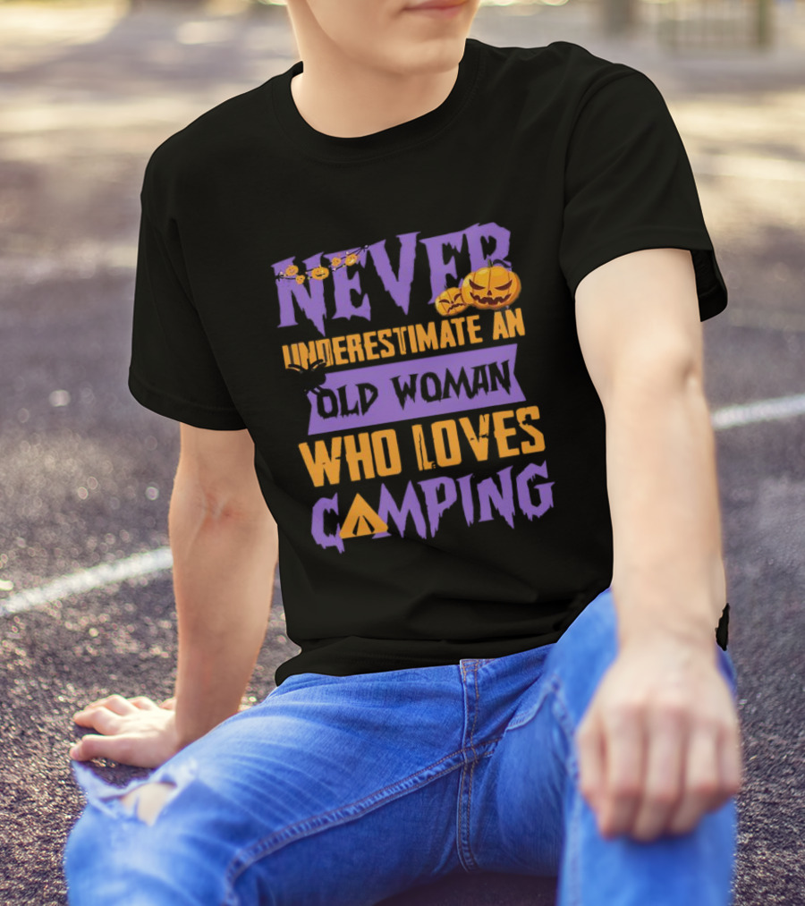 Never Underestimate An Old Woman Who Loves Camping Halloween Pumpkin Spider T-Shirt
