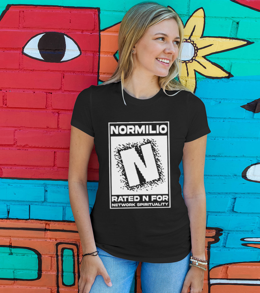 Normilio Rated N For Network Spirituality Bold Text Box With Speckled Explosion Background T-Shirt