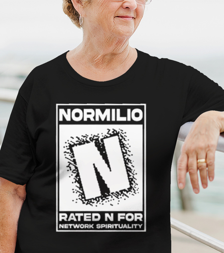 Normilio Rated N For Network Spirituality Bold Text Box With Speckled Explosion Background T-Shirt