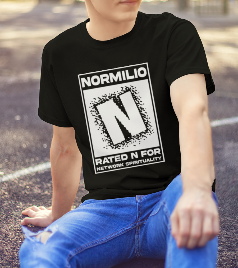 Normilio Rated N For Network Spirituality Bold Text Box With Speckled Explosion Background T-Shirt