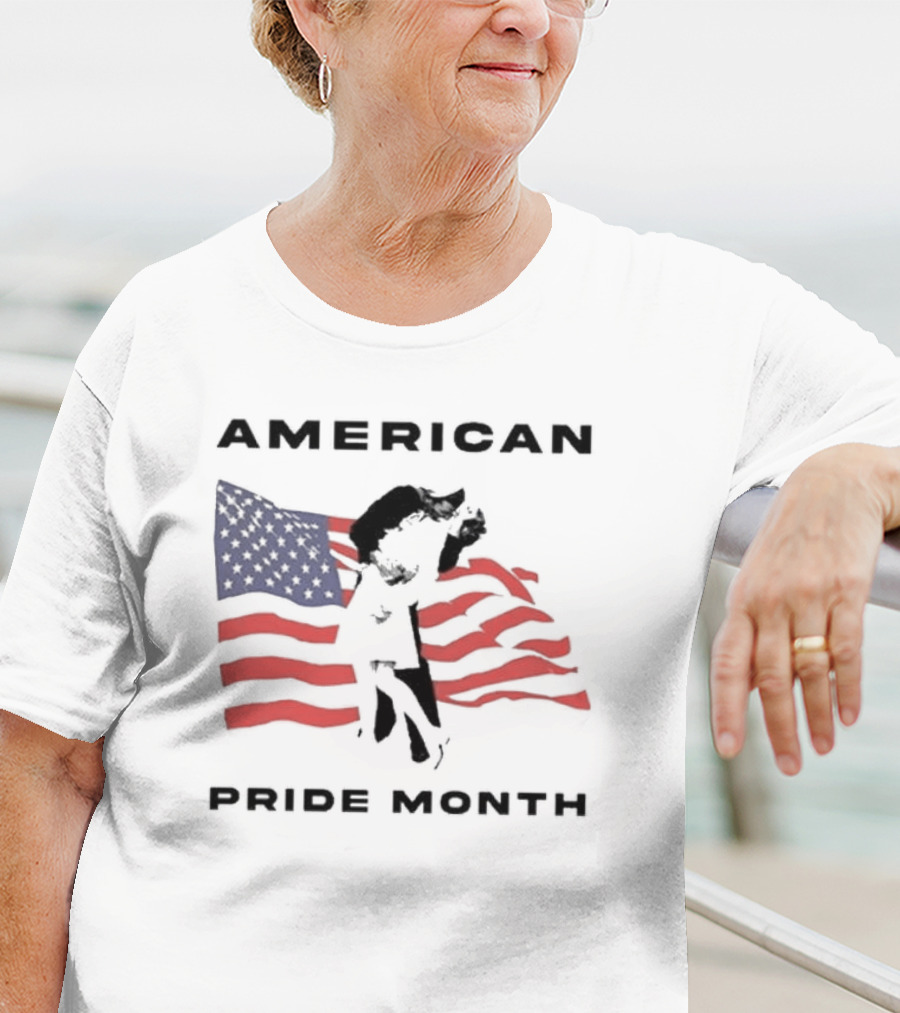 American Pride Month Celebration With Patriotic Flag And Couple Hugging T-Shirt