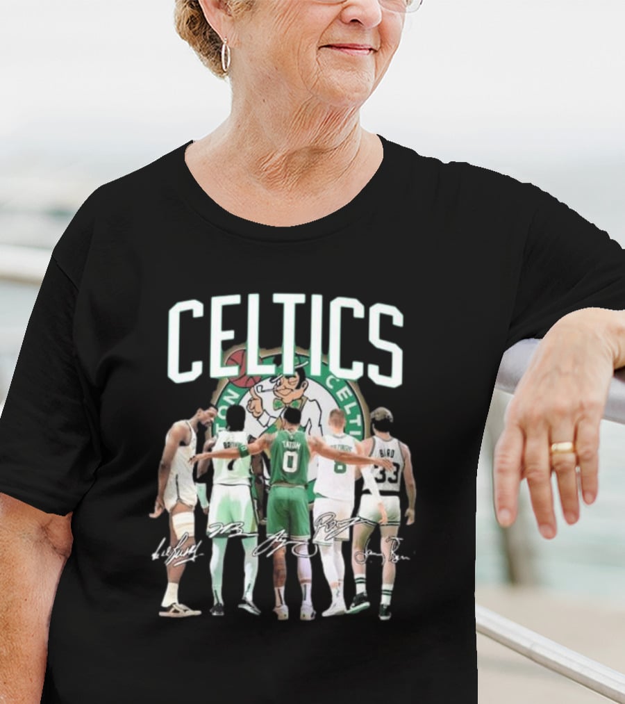 Celtics Jaylen Brown Jayson Tatum K. Porziņģis Larry Bird Signatures NBA Basketball Legends T-Shirt