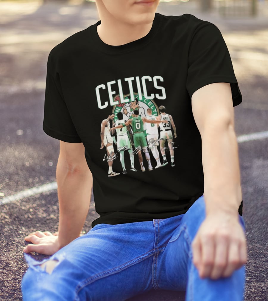 Celtics Jaylen Brown Jayson Tatum K. Porziņģis Larry Bird Signatures NBA Basketball Legends T-Shirt