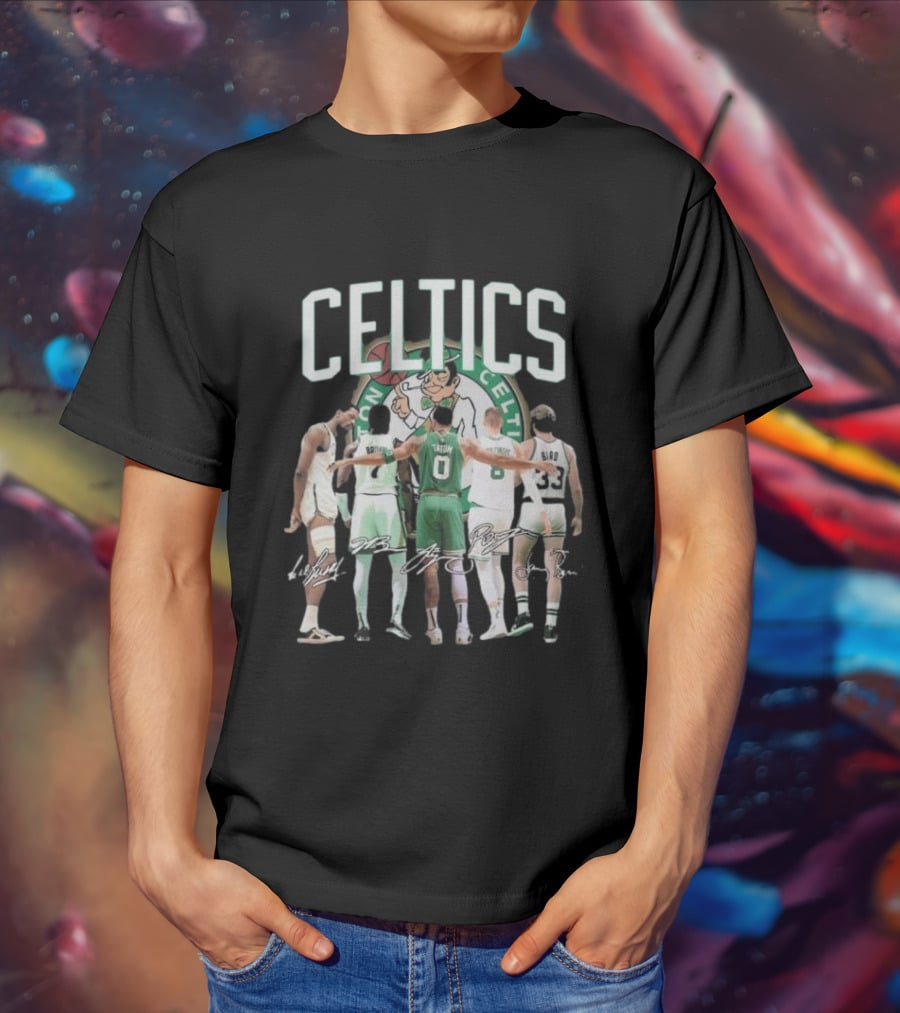 Celtics Jaylen Brown Jayson Tatum K. Porziņģis Larry Bird Signatures NBA Basketball Legends T-Shirt