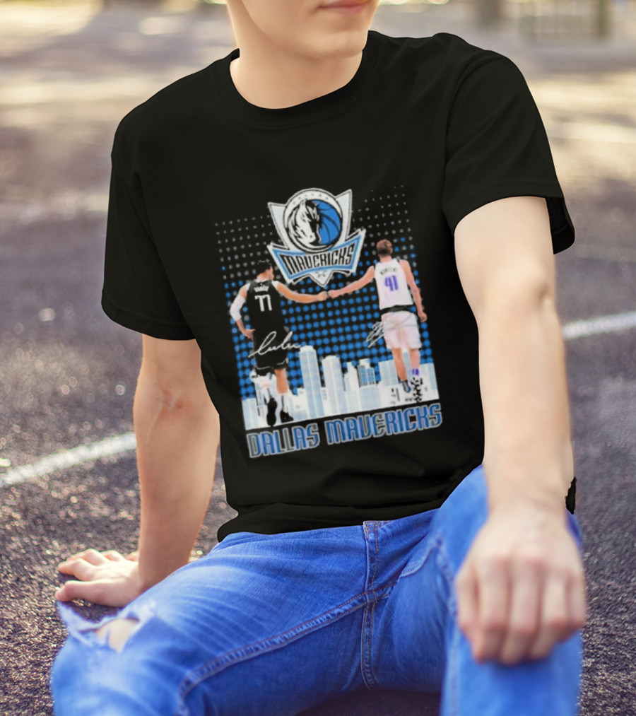 Dallas Mavericks Luka Doncic Dirk Nowitzki Handshake Signatures Skyline T-Shirt