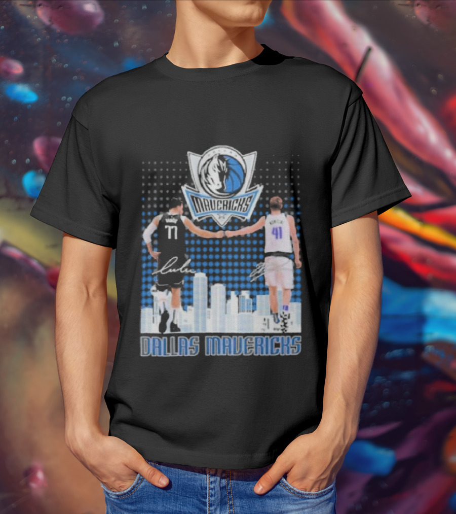 Dallas Mavericks Luka Doncic Dirk Nowitzki Handshake Signatures Skyline T-Shirt